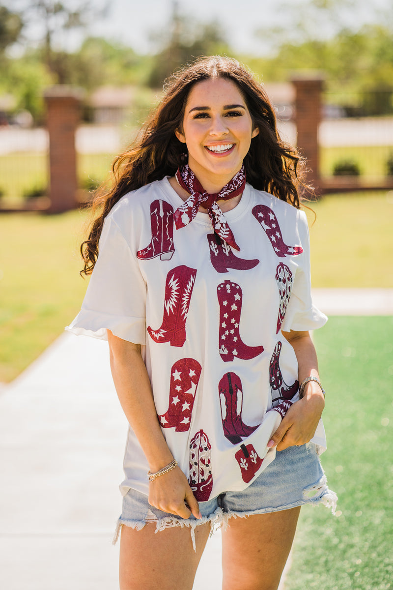 layerz clothing maroon boot tee with ruffle sleeves