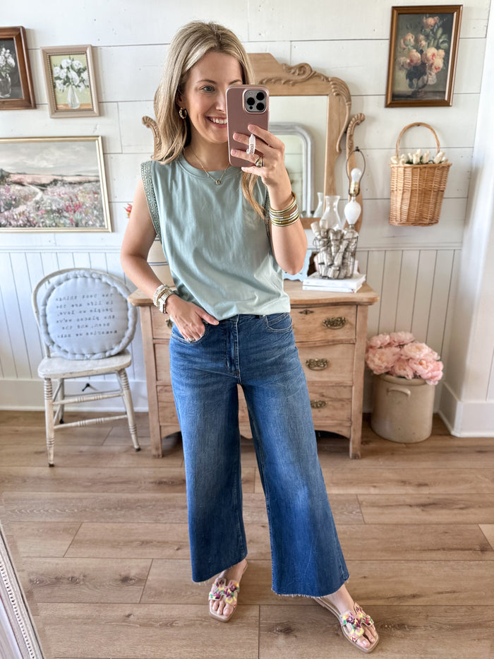aqua blue cap lace sleeve top 