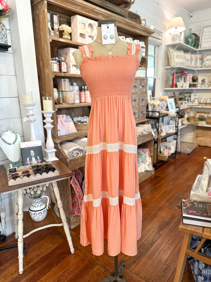 apricot color maxi dress with lace details 