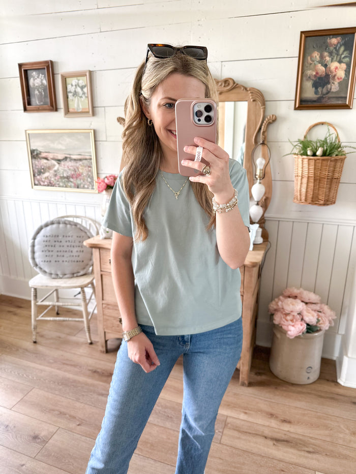 aqua blue boxy short sleeve top 