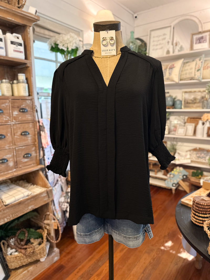 black polyester top umgee relaxed fit longer short sleeves 