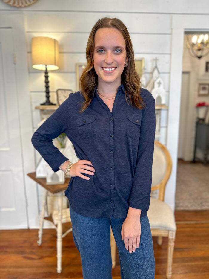 basic navy blue button down long sleeve top1
