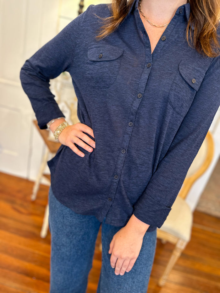 basic navy blue button down long sleeve top1