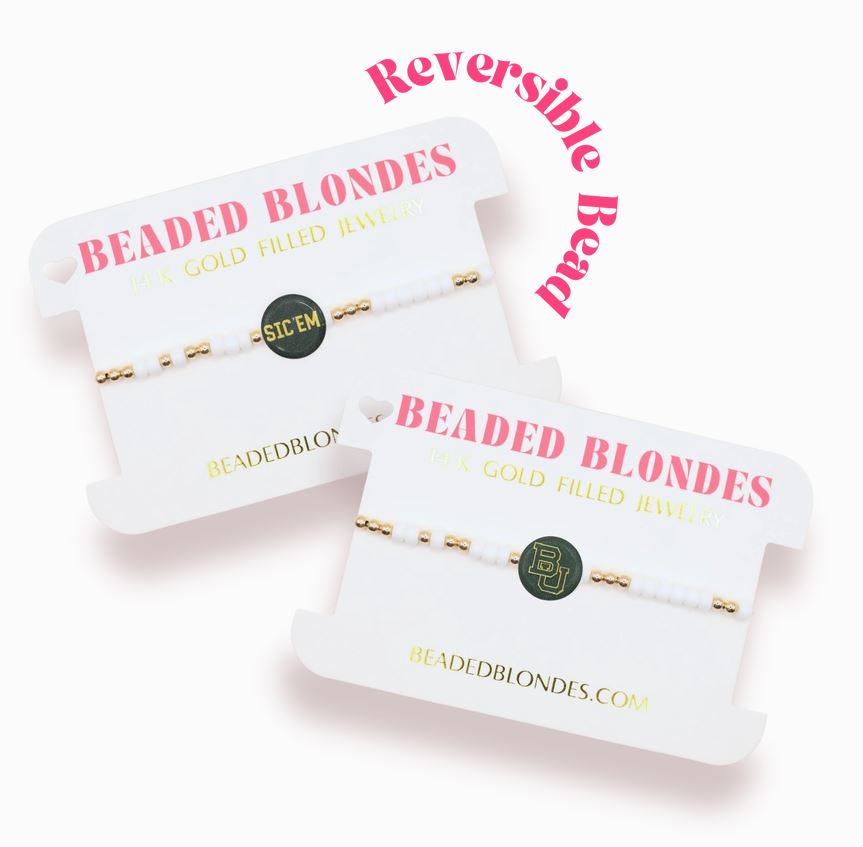 Beaded blondes jewelry with packaging on a white background baylor bears