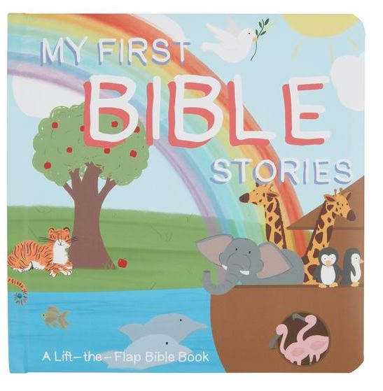 Children's book titled 'My First Bible Stories' with colorful illustrations of animals and a rainbow. mud pie 