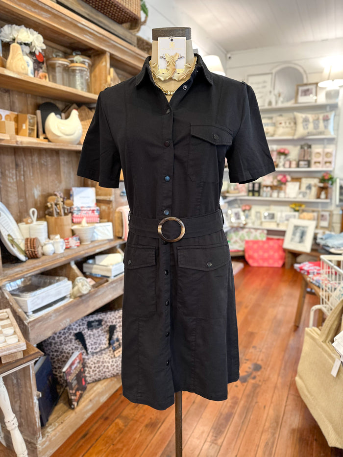 black button snap front dress with adjustable belt 