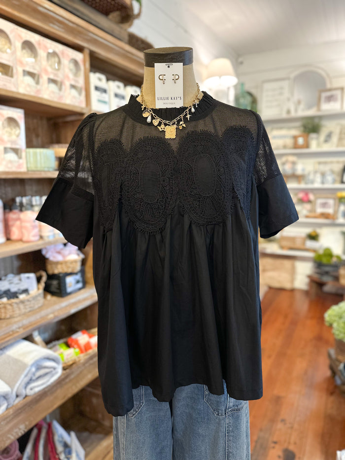 black mesh applique flowy top fate 