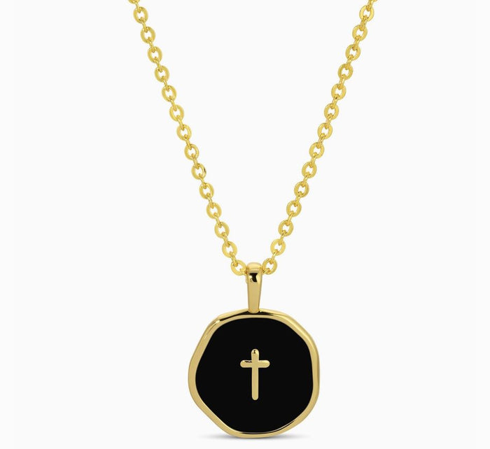 tiny black cross necklace gold chain
