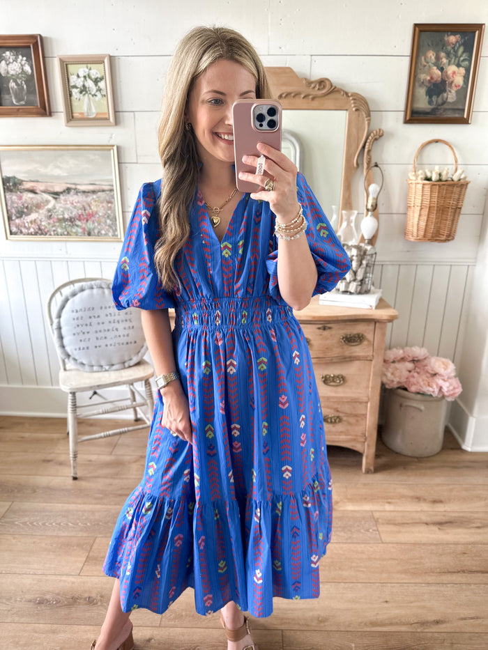 umgee blue floral block print puff sleeve dress