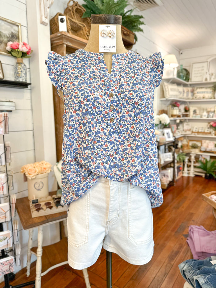 blue floral flutter sleeve top with buttons 
