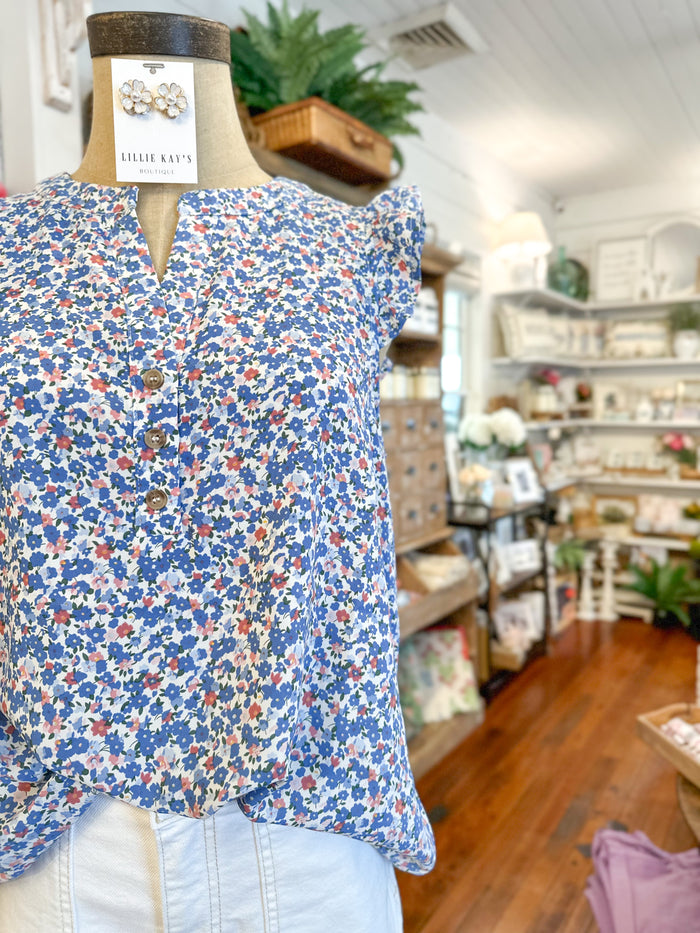 blue floral flutter sleeve top
