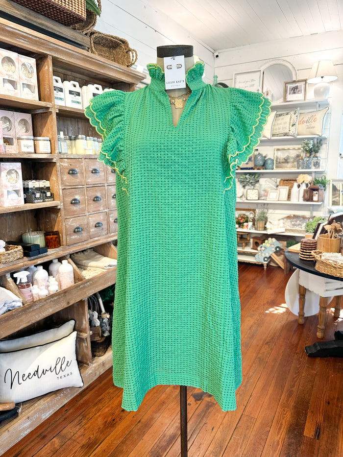 bright green yellow stitching on ruffle sleeve dress umgee