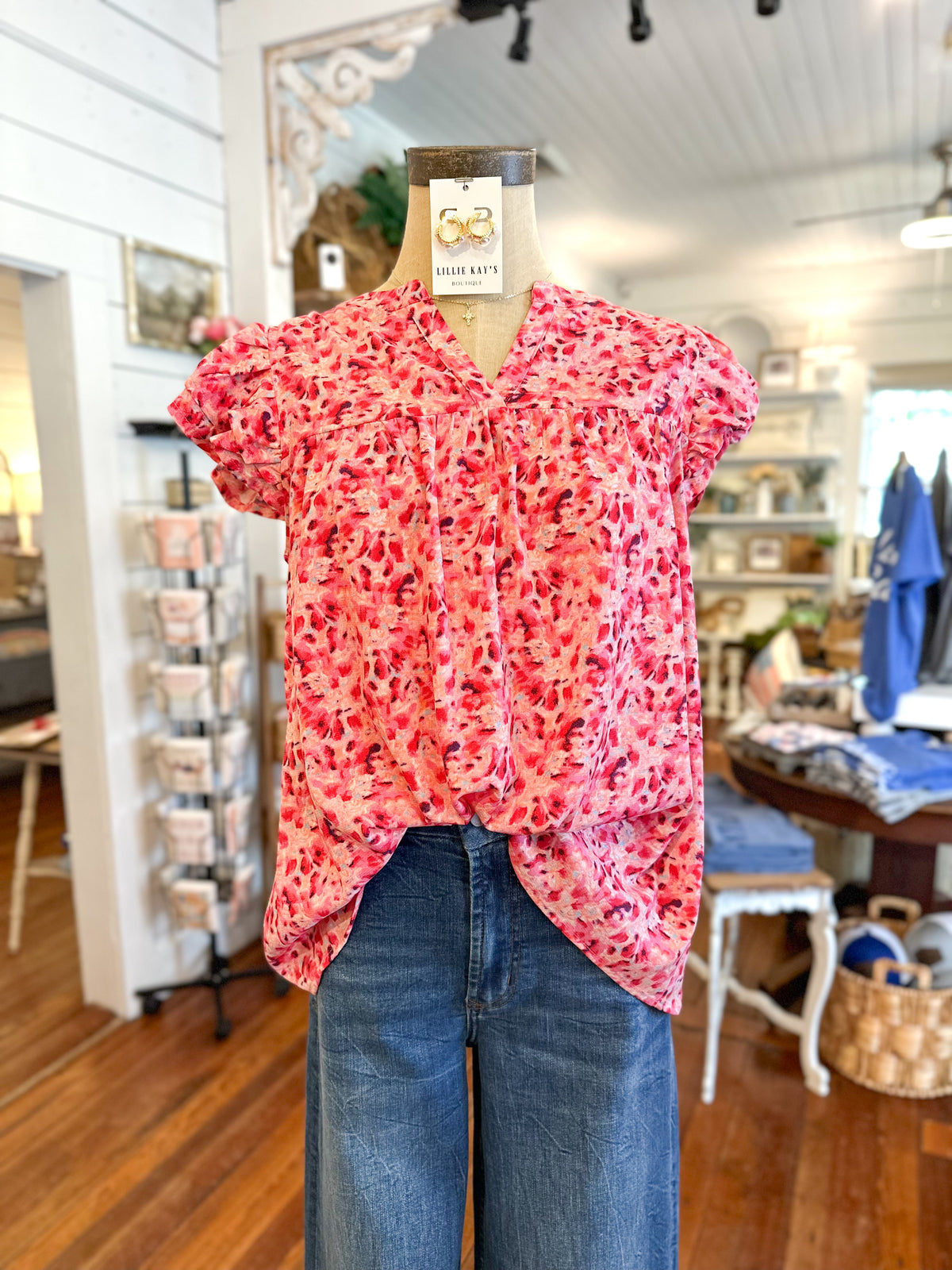 bright pink flutter sleeve top 