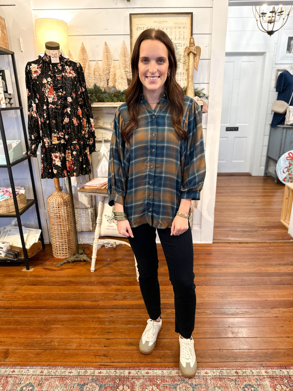 brown and teal blue plaid top balloon sleeves