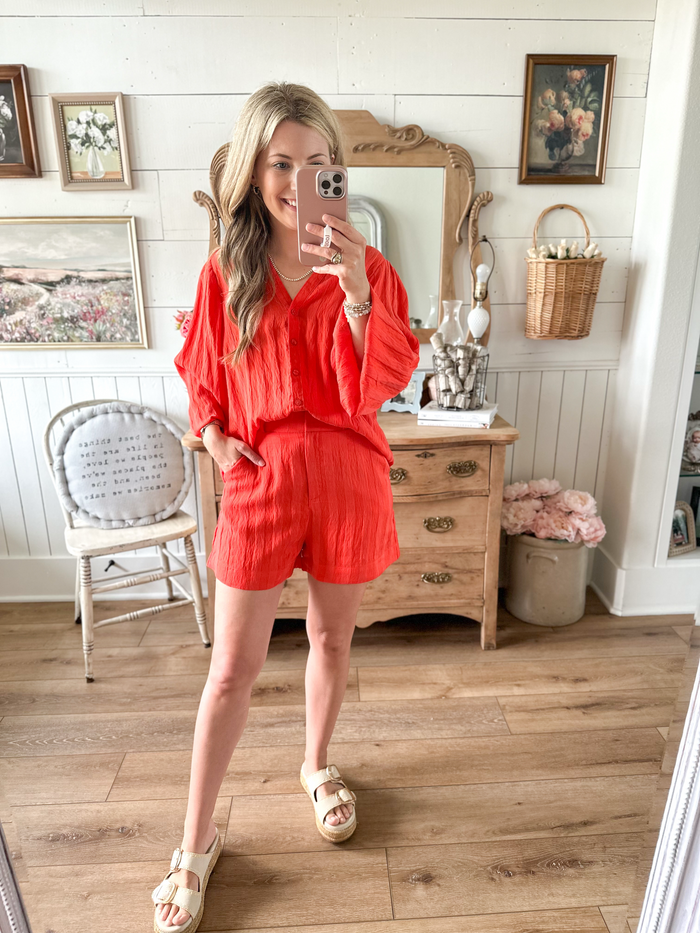 coral orange matching set shorts crinkle look 