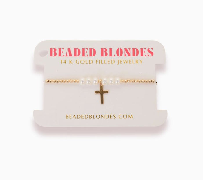 beaded blondes cross and pearl charm bracelet 