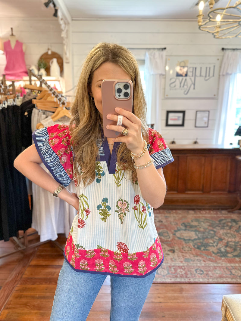 cotton flutter sleeve floral top thml