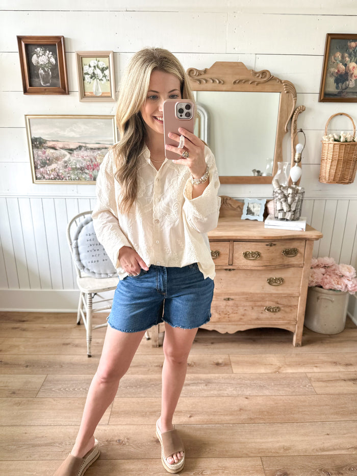 cream color embroidery detail long sleeve button down top 