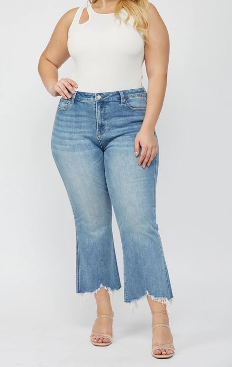 mica denim crop flare light wash jean with raw hem plus size
