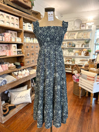 dark blue and green ditsy floral smocked top dress