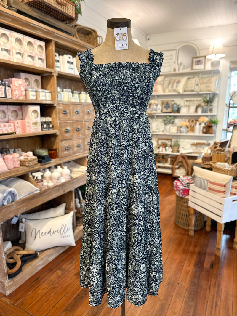 dark blue and green ditsy floral smocked top dress