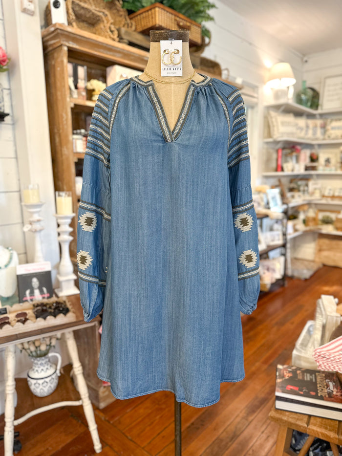 denim dress with embroidered sleeves 