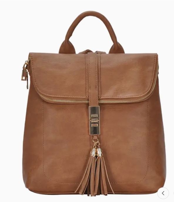 tan backpack with gold accents 