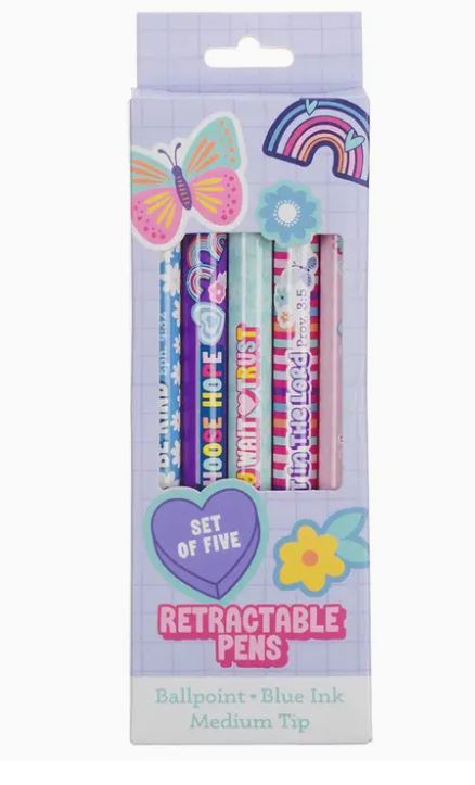 Pack of five retractable pens with colorful designs on a light purple background