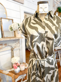 green and cream satin like print dress 