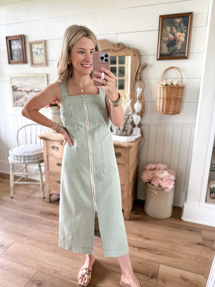 green and cream stripe dress with zipper in the front and square neckline 