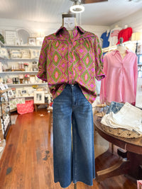 green and pink button down top satin like fate clothing 