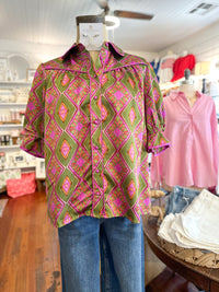 green and pink print button down top 