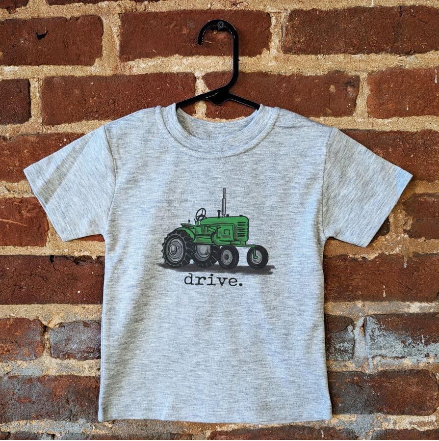 BAREFOOT BABY GREEN TRACTOR DRIVE TEE ON GREY SHIRT 