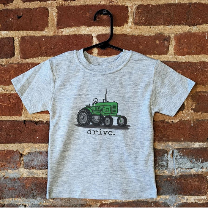 BAREFOOT BABY GREEN TRACTOR DRIVE TEE ON GREY SHIRT 