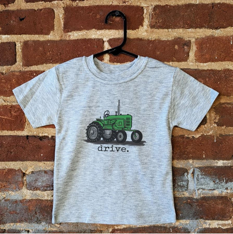 BAREFOOT BABY GREEN TRACTOR DRIVE TEE ON GREY SHIRT 