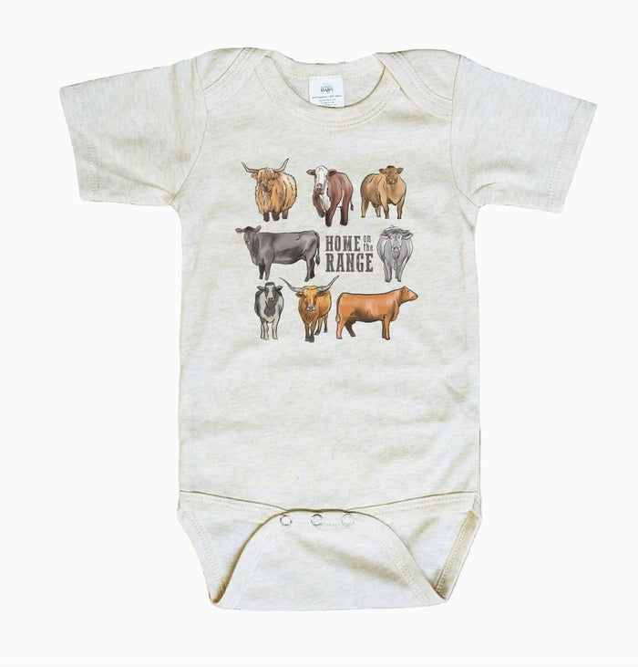 Baby onesie with cow illustrations and 'Home on the Range' text on a white background