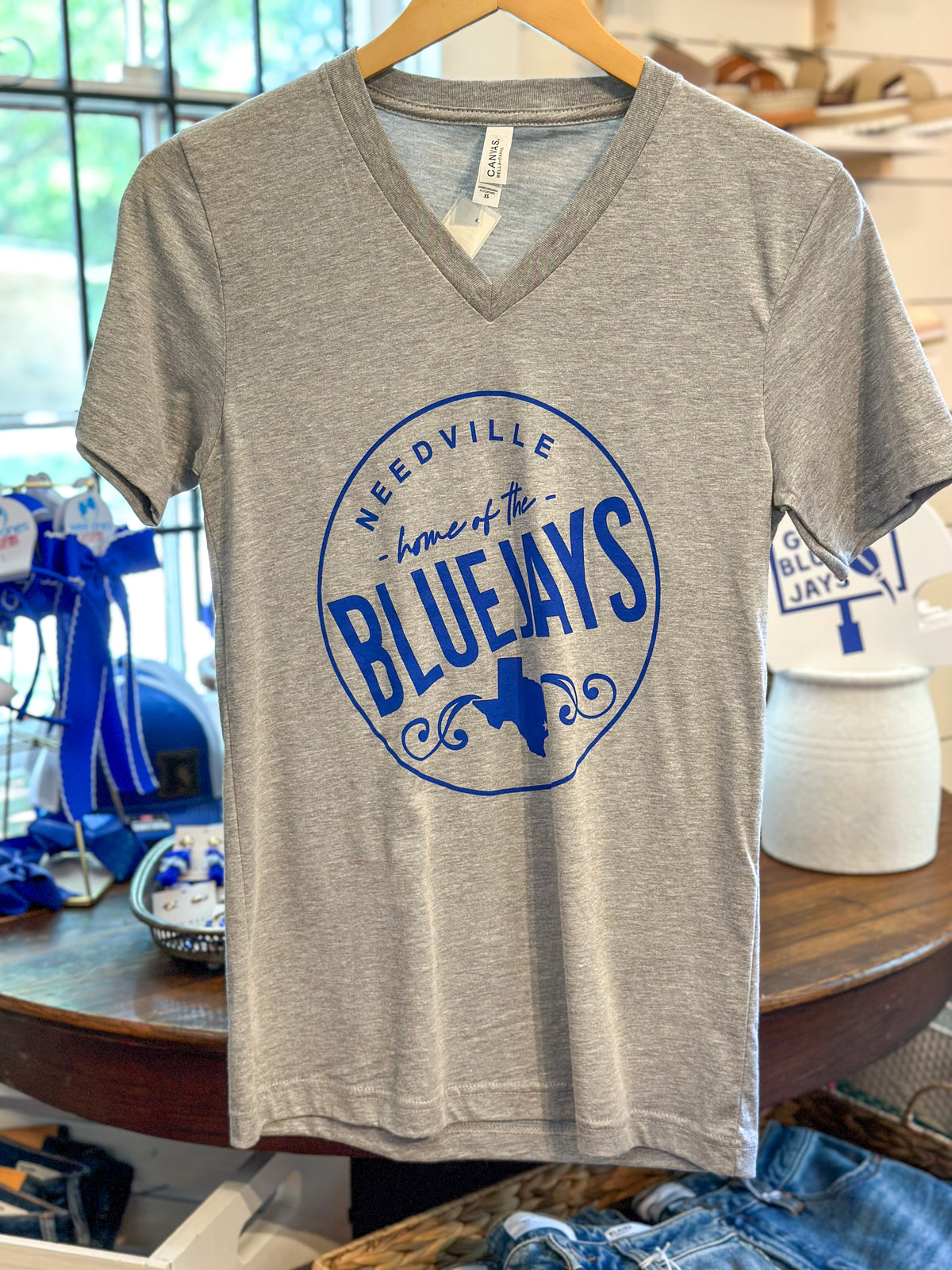 v neck grey needville blue jays tee