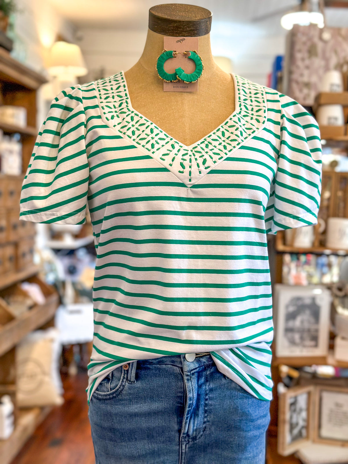 green and white stripe top with embroidery detail neckline washco