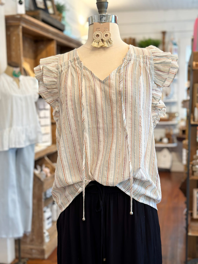multi color stripe top with ruffle sleeves