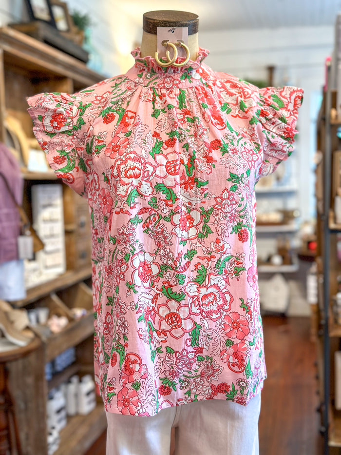 thml pink floral high neck cotton top