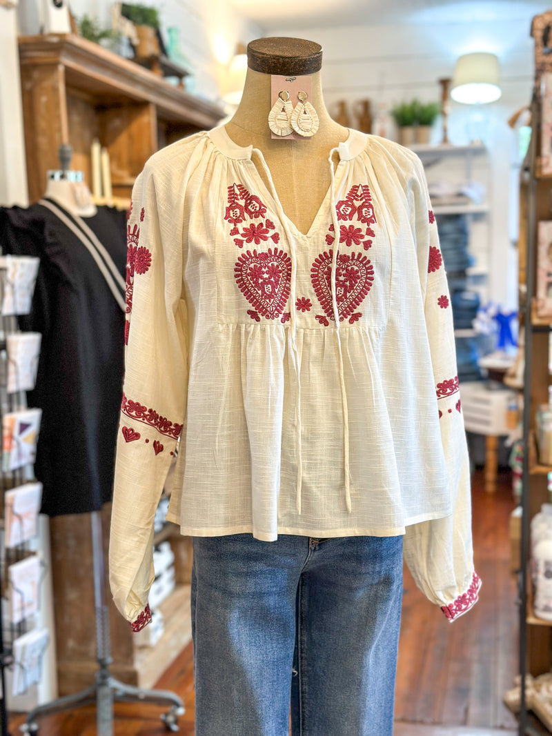 dear john cream and burgundy color embroidery top