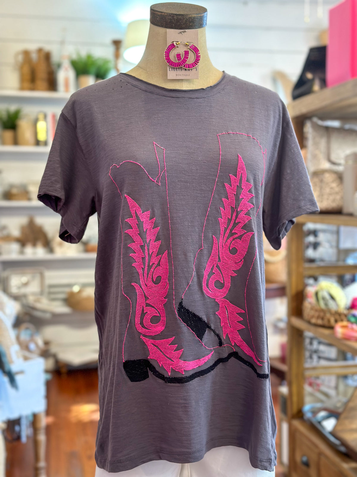 grey cotton top with hot pink embroidered boots layerz clothing 