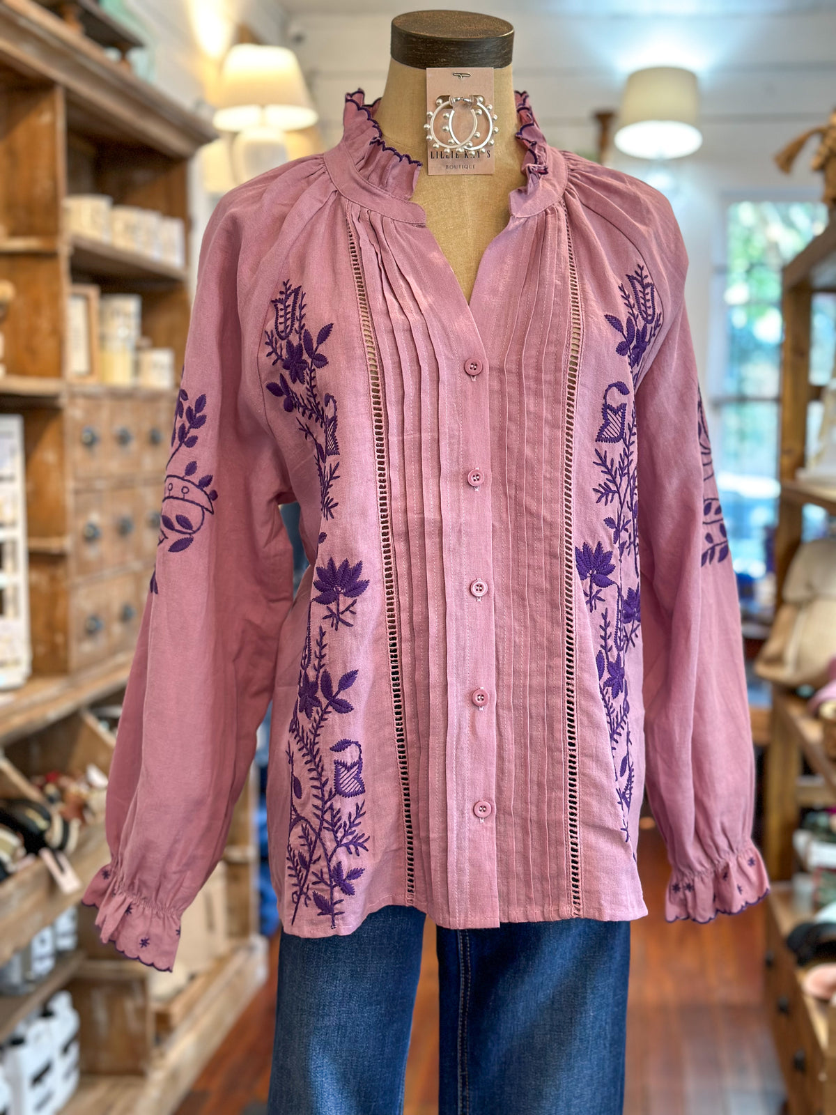 lavender purple embroidered long sleeve button down top