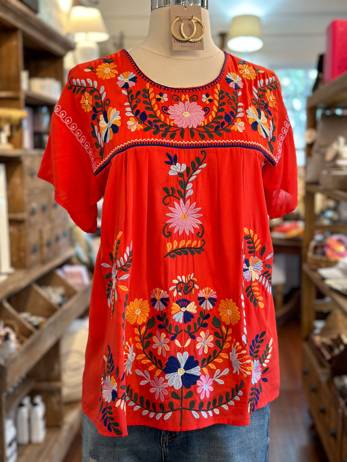 deep orange embroidered top jean top layerz clothing