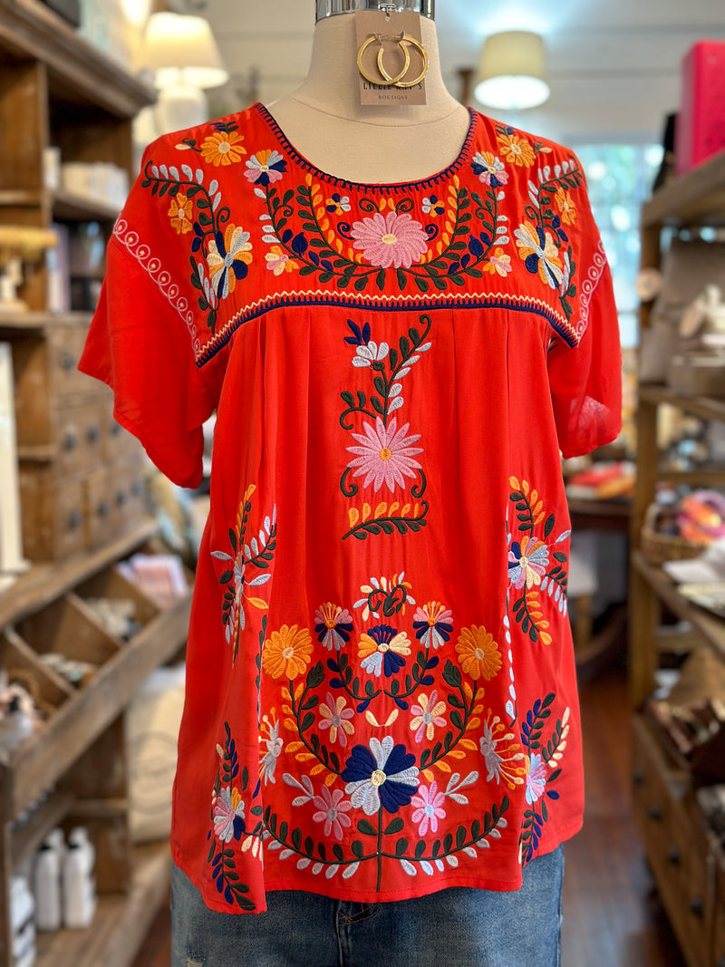 deep orange embroidered top jean top layerz clothing