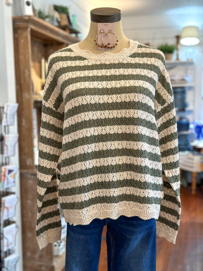 green and cream anotehr love sweater with scallop edge neckline and hem