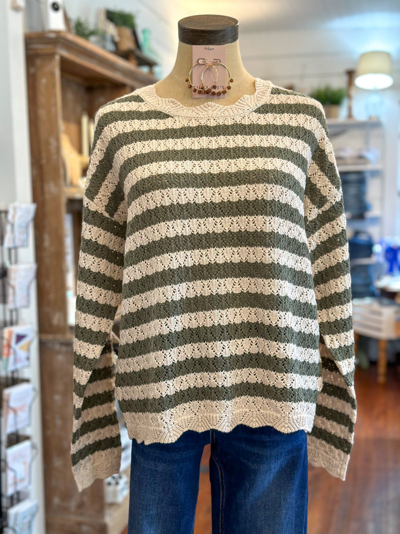 green and cream anotehr love sweater with scallop edge neckline and hem