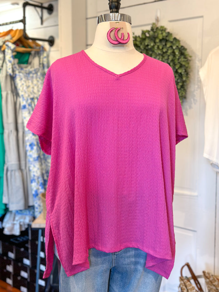 magenta pink v neck top 