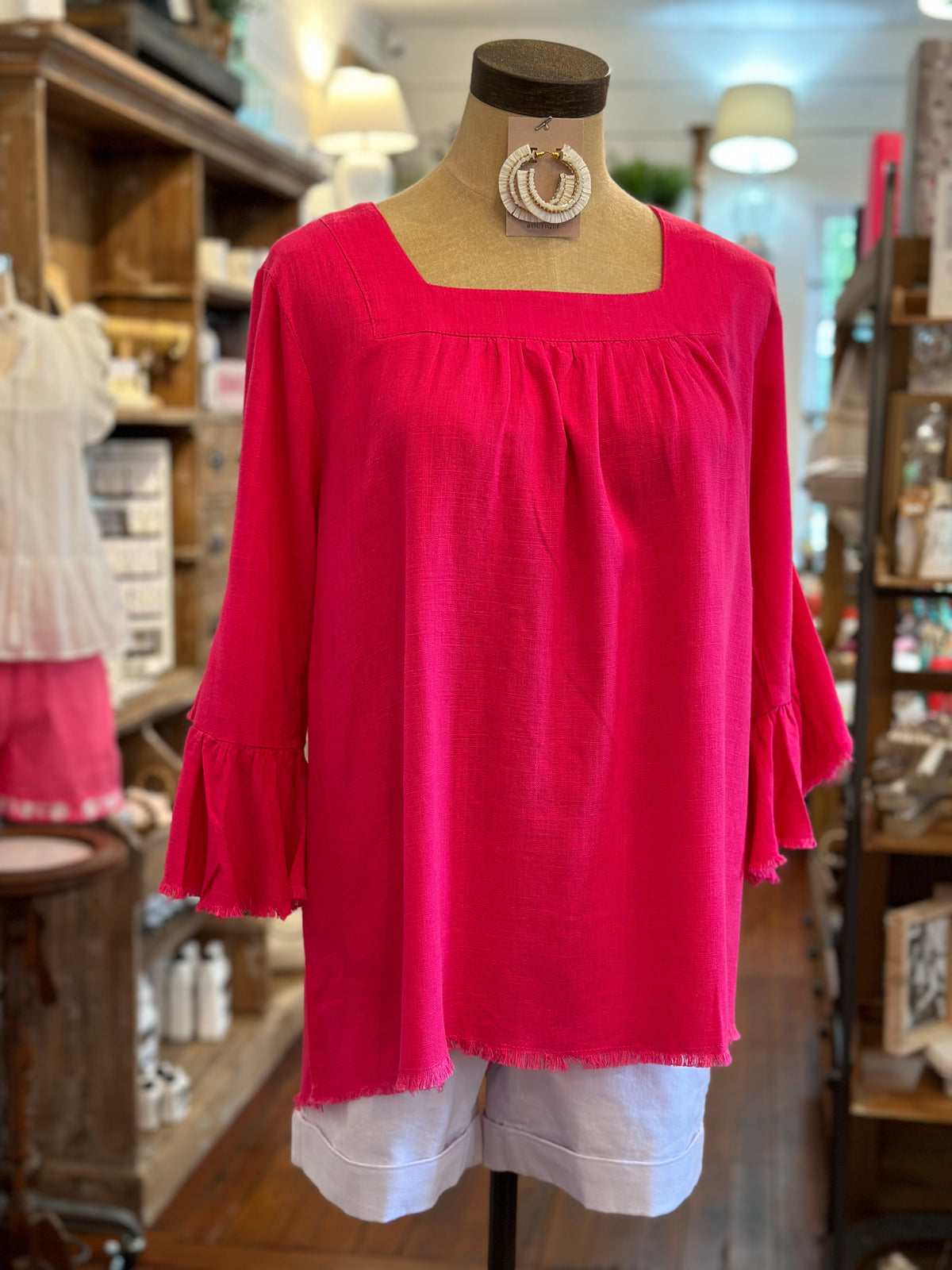 magenta pink linen blend top with flowy sleeves