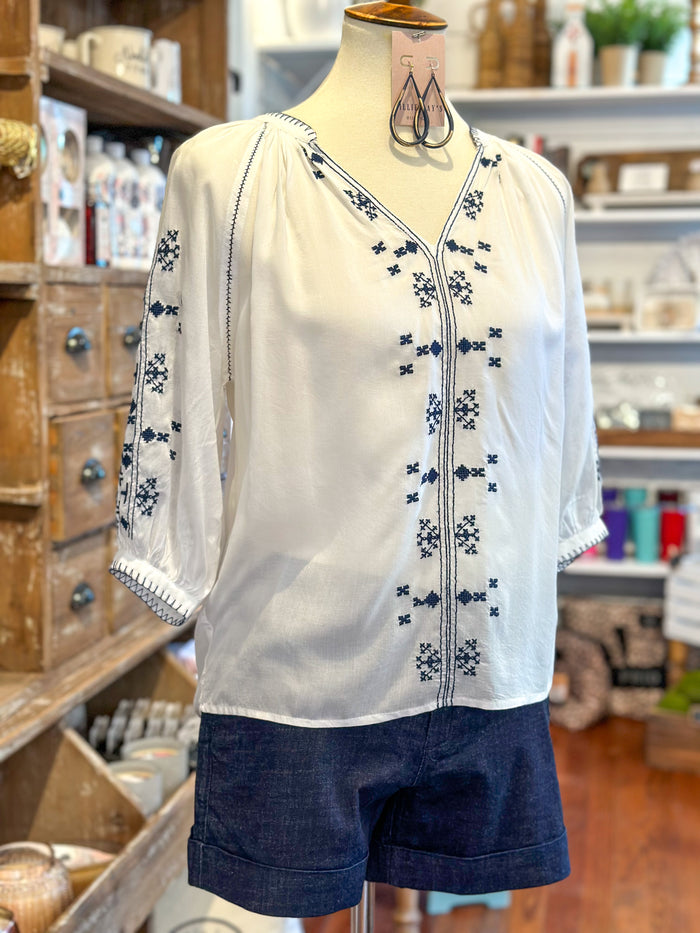 white and navy embroidered top 3 quarter length sleeves dear john